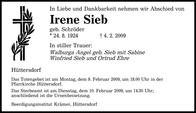  Traueranzeige für Irene Sieb vom 07.02.2009 aus SAARBRÜCKER ZEITUNG
