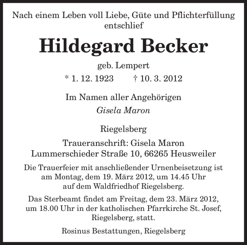 Traueranzeige für Hildegard Becker vom 15.03.2012 aus SAARBRÜCKER ZEITUNG