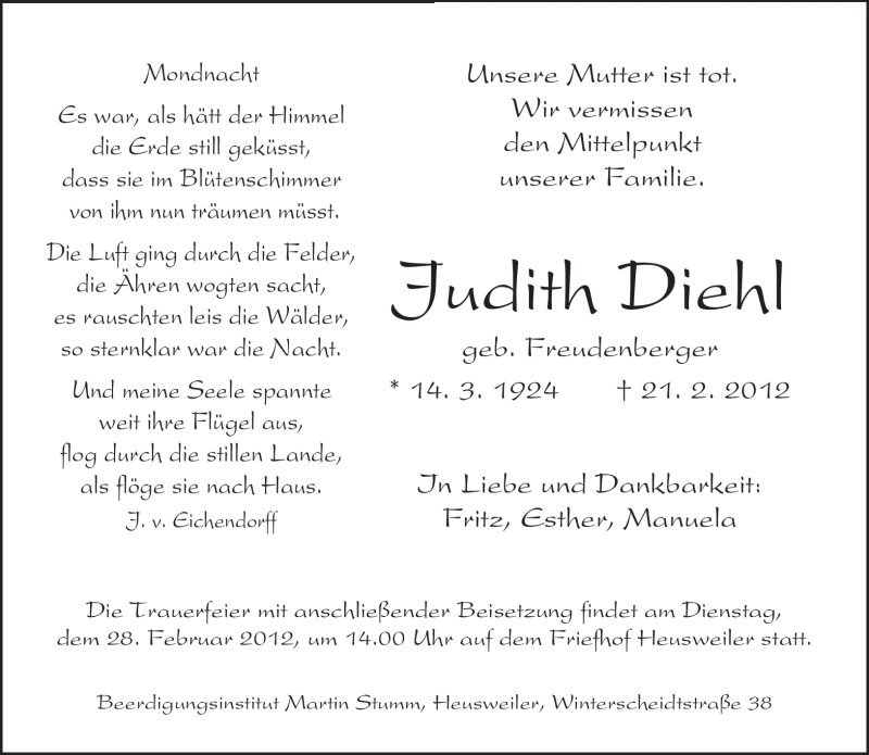  Traueranzeige für Judith Diehl vom 24.02.2012 aus SAARBRÜCKER ZEITUNG