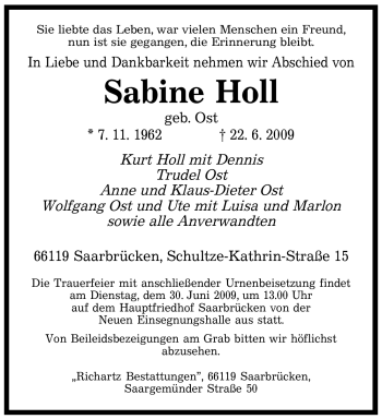 Sabine Holl, Traueranzeige, SAARBRÜCKER ZEITUNG, Gedenkkerzen ...