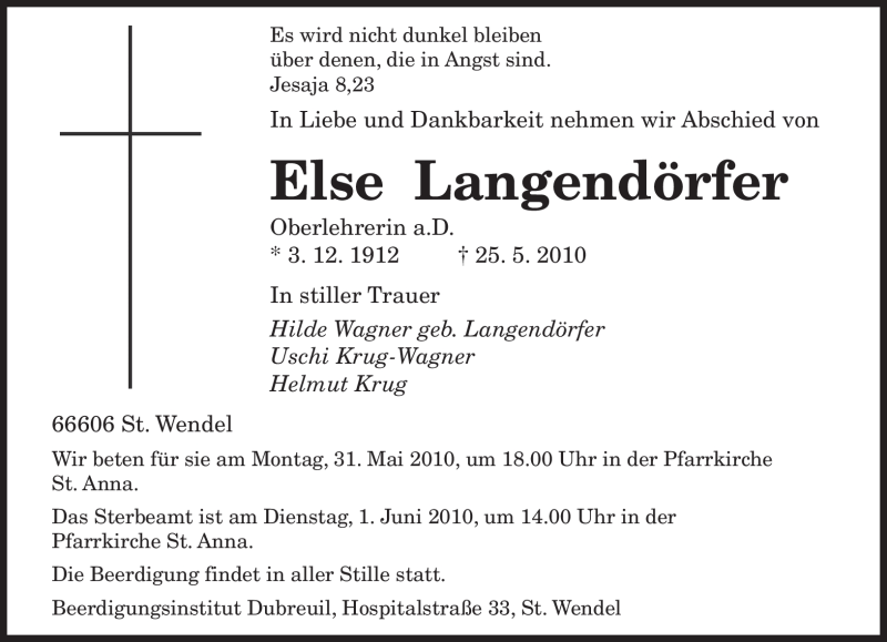  Traueranzeige für Else Langendörfer vom 31.05.2010 aus SAARBRÜCKER ZEITUNG