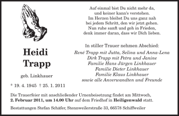 Traueranzeige von Heidi Trapp von SAARBRÜCKER ZEITUNG
