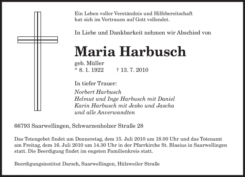  Traueranzeige für Maria Harbusch vom 14.07.2010 aus SAARBRÜCKER ZEITUNG