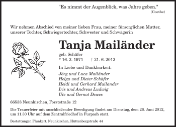 Traueranzeige von Tanja Mailänder von SAARBRÜCKER ZEITUNG