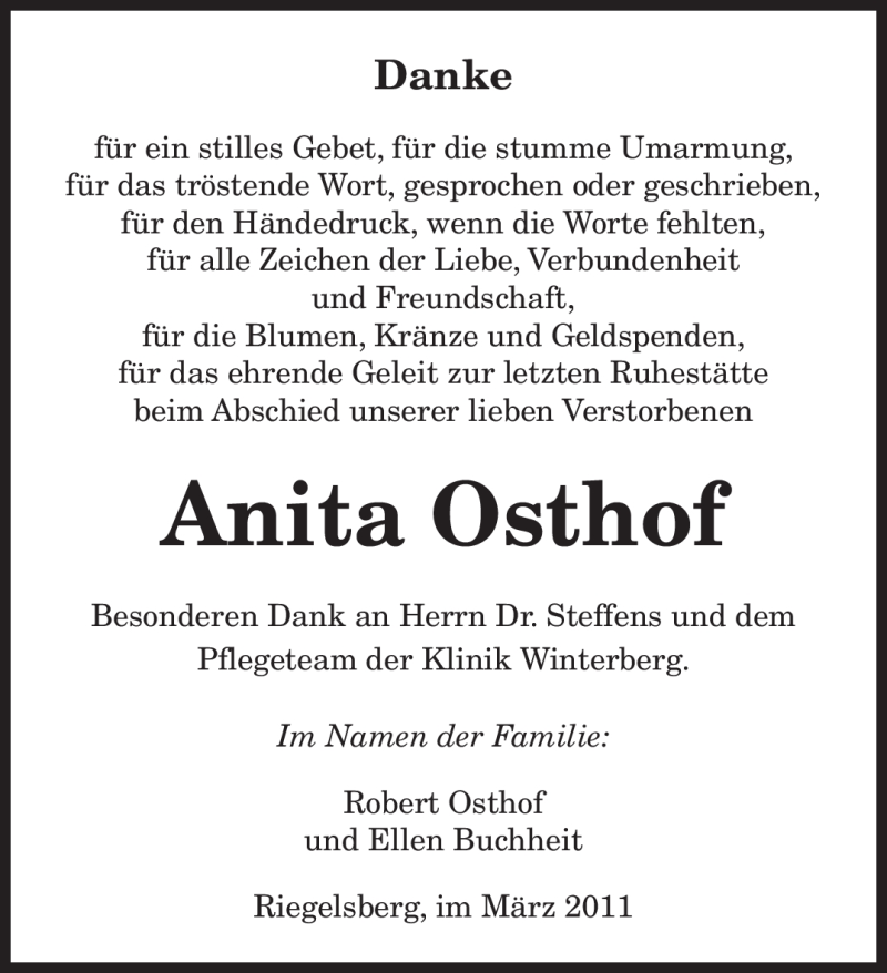  Traueranzeige für Anita Osthof vom 26.03.2011 aus SAARBRÜCKER ZEITUNG