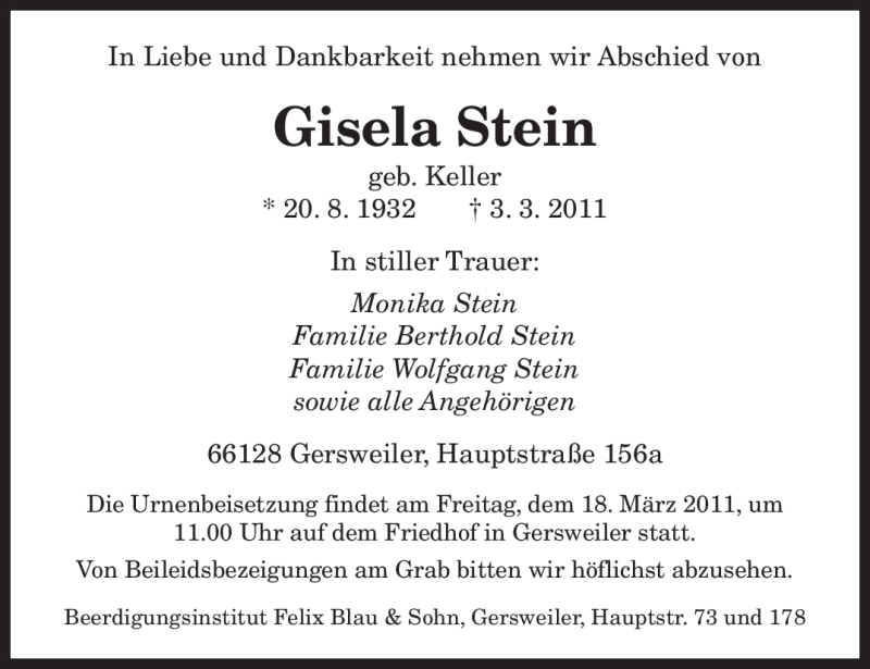  Traueranzeige für Gisela Stein vom 12.03.2011 aus SAARBRÜCKER ZEITUNG