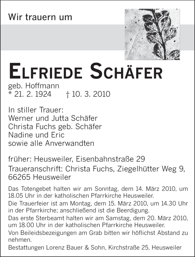  Traueranzeige für Elfried Schäfer vom 13.03.2010 aus SAARBRÜCKER ZEITUNG