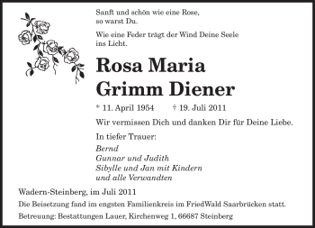 Traueranzeige von Rosa Maria Grimm Diener von SAARBRÜCKER ZEITUNG
