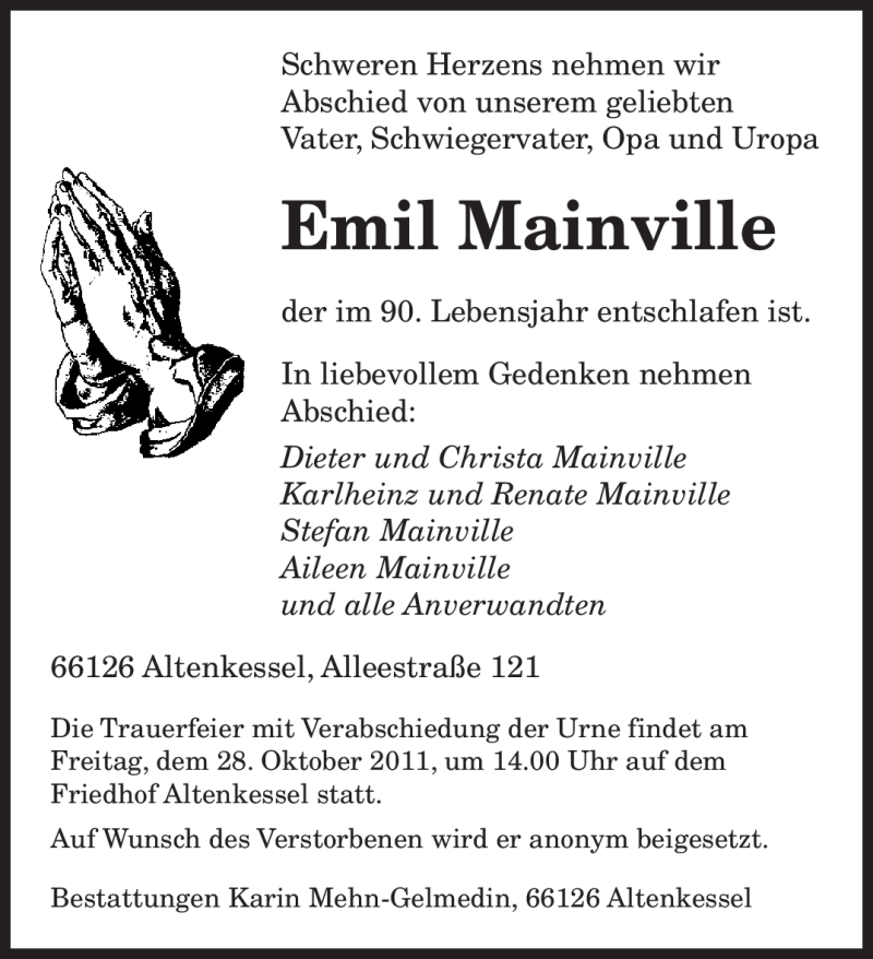  Traueranzeige für Emil Mainville vom 27.10.2011 aus SAARBRÜCKER ZEITUNG