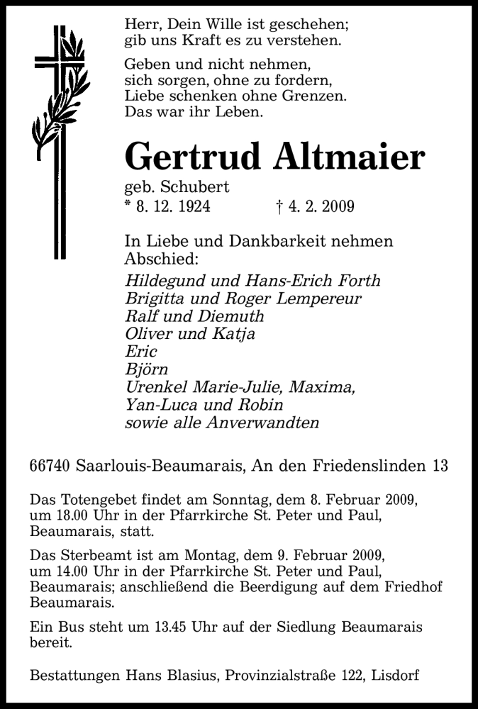  Traueranzeige für Gertrud Altmaier vom 07.02.2009 aus SAARBRÜCKER ZEITUNG