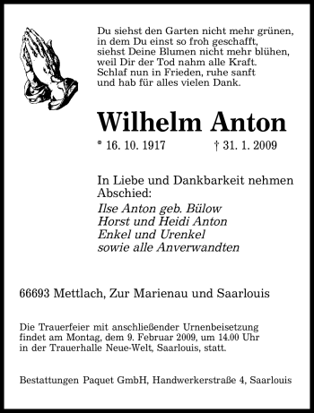 Traueranzeige von Wilhelm Anton von SAARBRÜCKER ZEITUNG