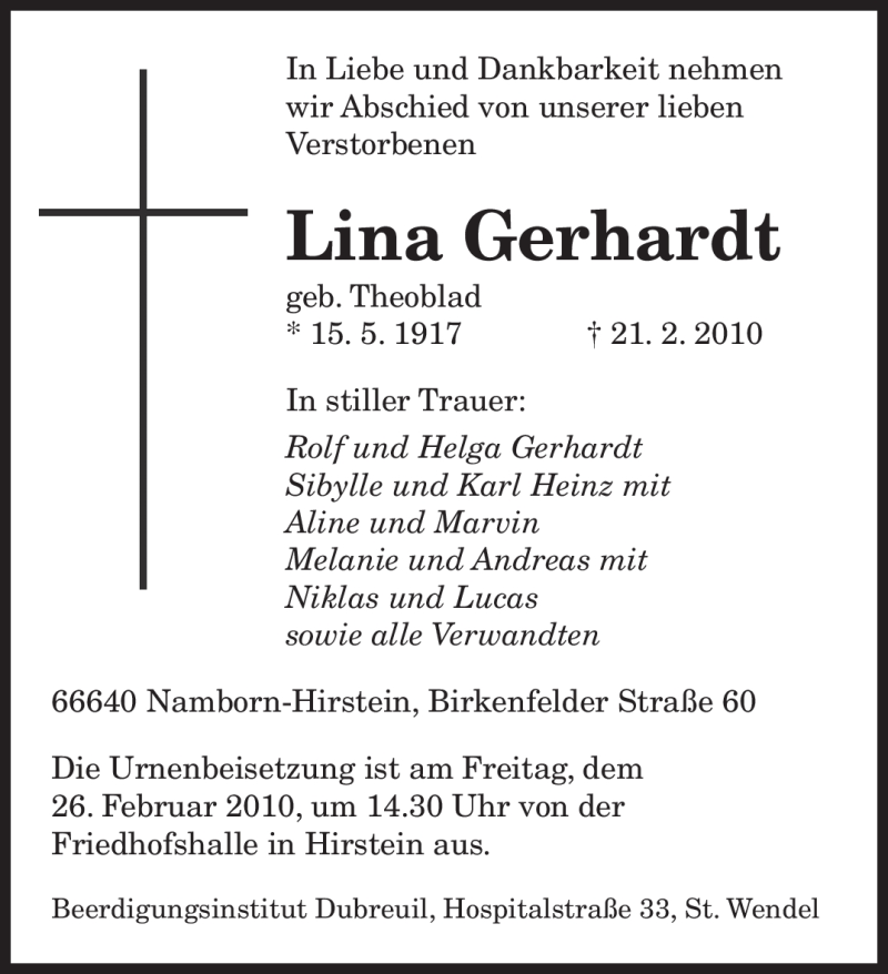  Traueranzeige für Lina Gerhardt vom 23.02.2010 aus SAARBRÜCKER ZEITUNG