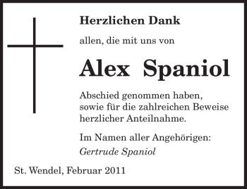 Traueranzeige von Alex Spaniol von SAARBRÜCKER ZEITUNG