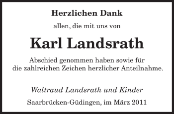 Traueranzeige von Karl Landsrath von SAARBRÜCKER ZEITUNG