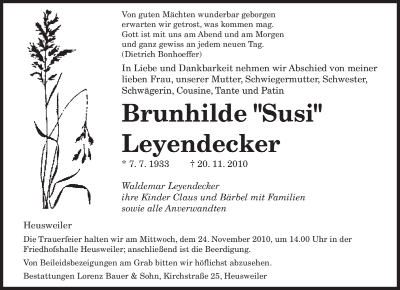  Traueranzeige für Brunhilde Leyendecker vom 23.11.2010 aus SAARBRÜCKER ZEITUNG