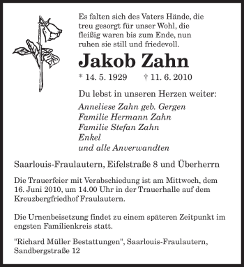 Traueranzeige von Jakob Zahn von SAARBRÜCKER ZEITUNG