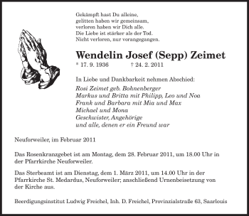 Traueranzeige von Wendelin Josef Zeimel von SAARBRÜCKER ZEITUNG