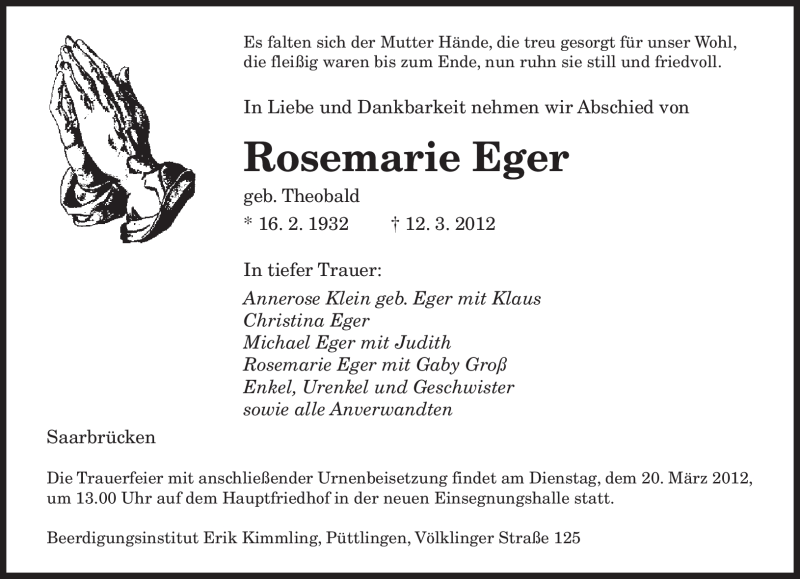  Traueranzeige für Rosemarie Eger vom 17.03.2012 aus SAARBRÜCKER ZEITUNG