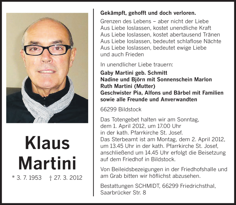 Traueranzeige für Klaus Martini vom 31.03.2012 aus SAARBRÜCKER ZEITUNG