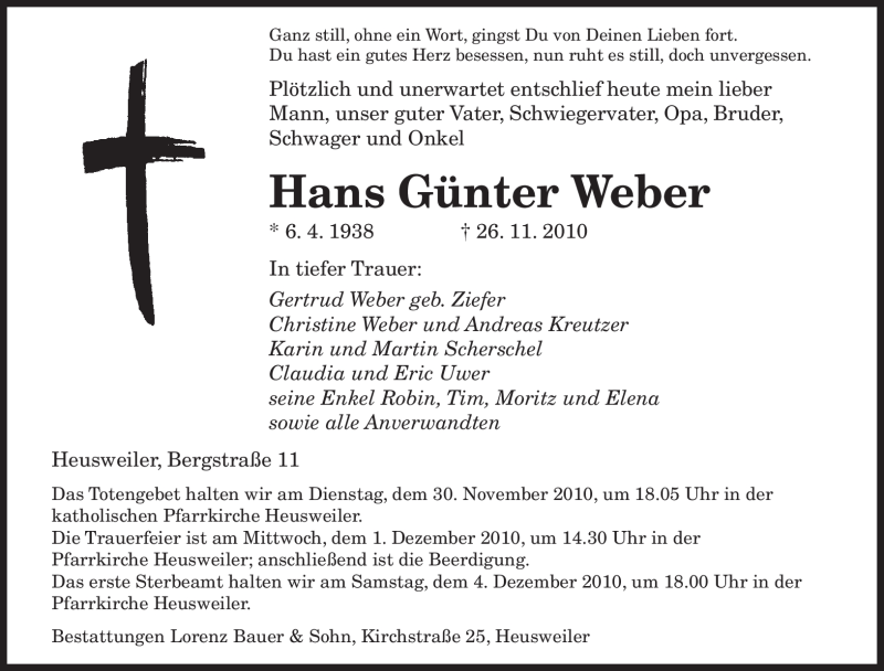 Traueranzeige für Hans Günter Weber vom 29.11.2010 aus SAARBRÜCKER ZEITUNG