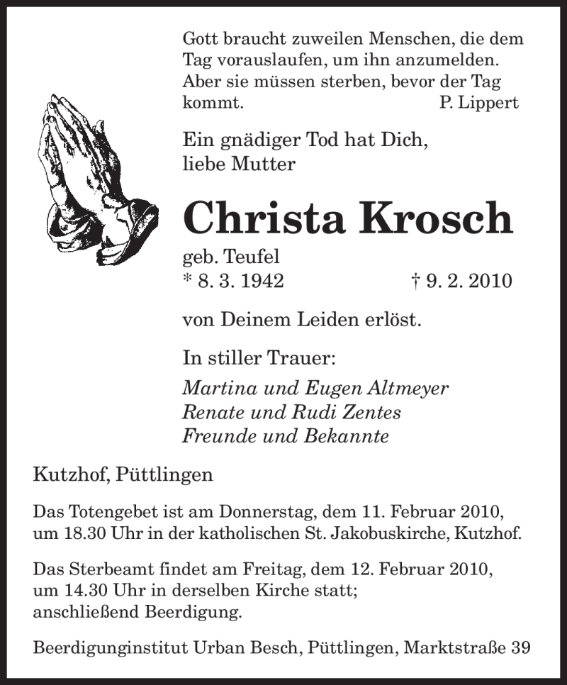  Traueranzeige für Christa Krosch vom 10.02.2010 aus SAARBRÜCKER ZEITUNG