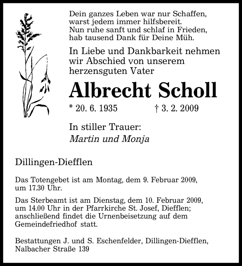  Traueranzeige für Albrecht Scholl vom 07.02.2009 aus SAARBRÜCKER ZEITUNG