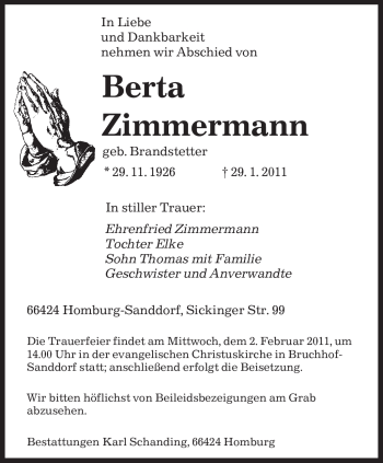 Traueranzeige von Berta Zimmermann von SAARBRÜCKER ZEITUNG