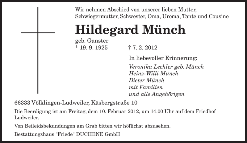  Traueranzeige für Hildegard Münch vom 09.02.2012 aus SAARBRÜCKER ZEITUNG