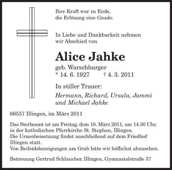 Traueranzeige von Alice Jahke von SAARBRÜCKER ZEITUNG