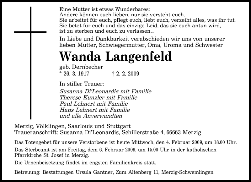  Traueranzeige für Wanda Langenfeld vom 04.02.2009 aus SAARBRÜCKER ZEITUNG