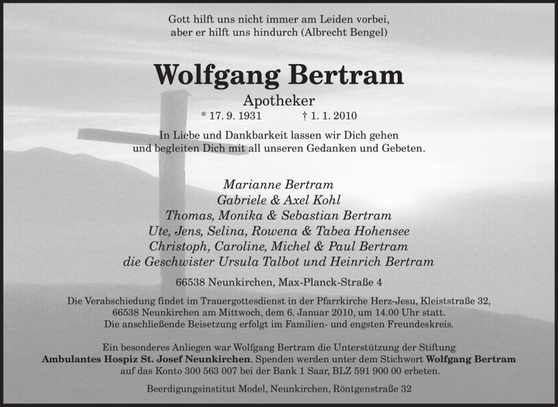  Traueranzeige für Wolfgang Bertram vom 04.01.2010 aus SAARBRÜCKER ZEITUNG