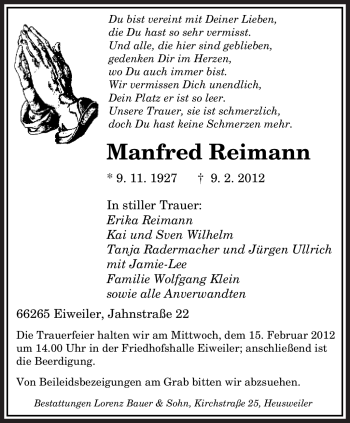 Traueranzeige von Manfred Reimann von SAARBRÜCKER ZEITUNG