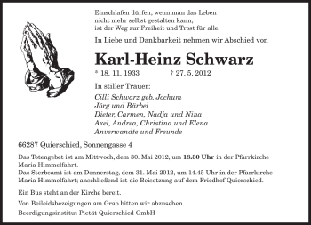 Traueranzeige von Karl-Heinz Schwarz von SAARBRÜCKER ZEITUNG