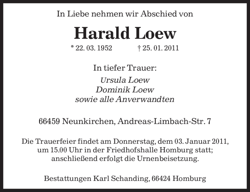  Traueranzeige für Harald Loew vom 28.01.2011 aus SAARBRÜCKER ZEITUNG