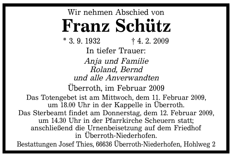  Traueranzeige für Franz Schütz vom 10.02.2009 aus SAARBRÜCKER ZEITUNG