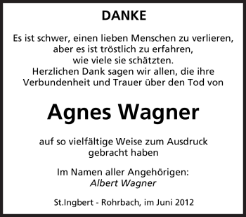 Traueranzeige von Agnes Wagner von SAARBRÜCKER ZEITUNG