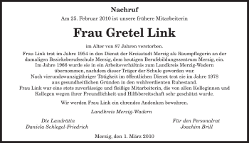 Traueranzeige von Gretel Link von SAARBRÜCKER ZEITUNG