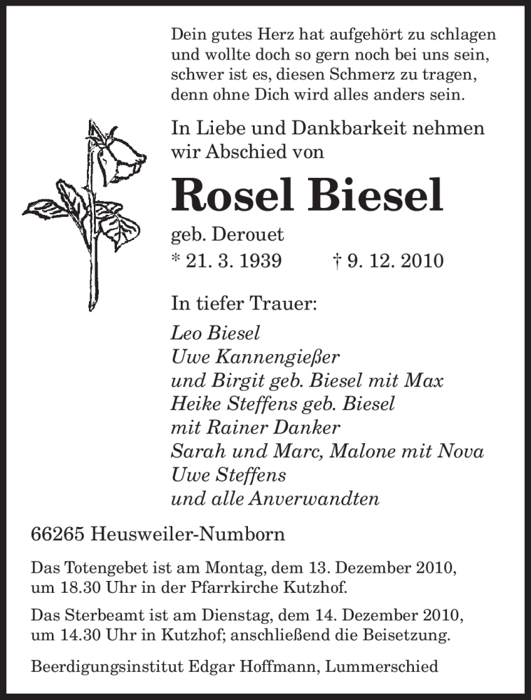  Traueranzeige für Rosel Biesel vom 11.12.2010 aus SAARBRÜCKER ZEITUNG