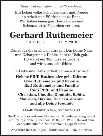 Traueranzeige von Gerhard Ruthemeier von SAARBRÜCKER ZEITUNG
