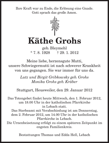 Traueranzeige von Käthe Grohs von SAARBRÜCKER ZEITUNG
