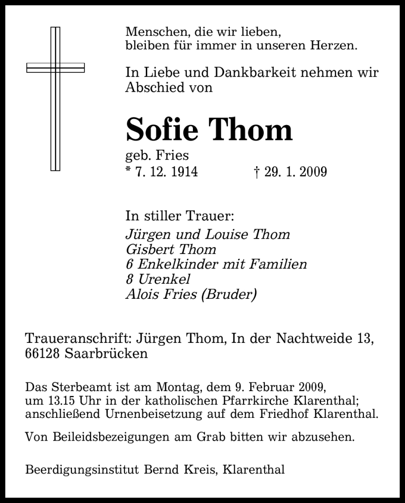  Traueranzeige für Sofie Thom vom 06.02.2009 aus SAARBRÜCKER ZEITUNG