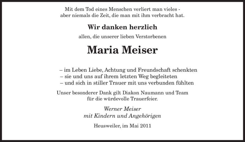  Traueranzeige für Maria Meiser vom 16.05.2011 aus SAARBRÜCKER ZEITUNG