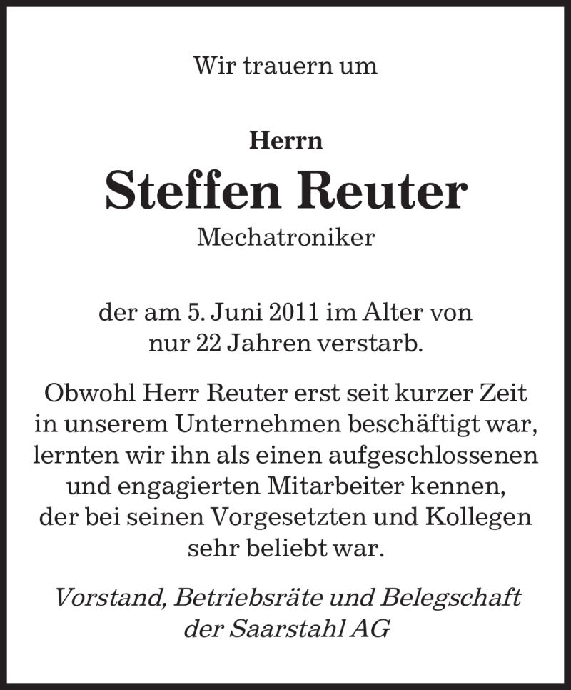  Traueranzeige für Steffen Reuter vom 15.06.2011 aus SAARBRÜCKER ZEITUNG