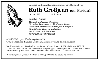 Traueranzeige von Ruth Großjean von SAARBRÜCKER ZEITUNG