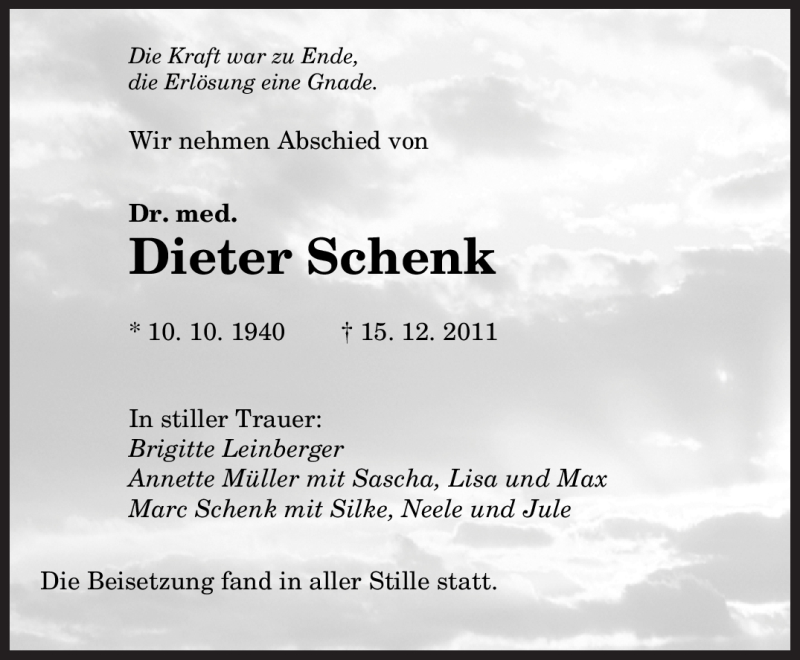 Traueranzeigen von Dieter Schenk SaarbrueckerZeitung.Trauer.de