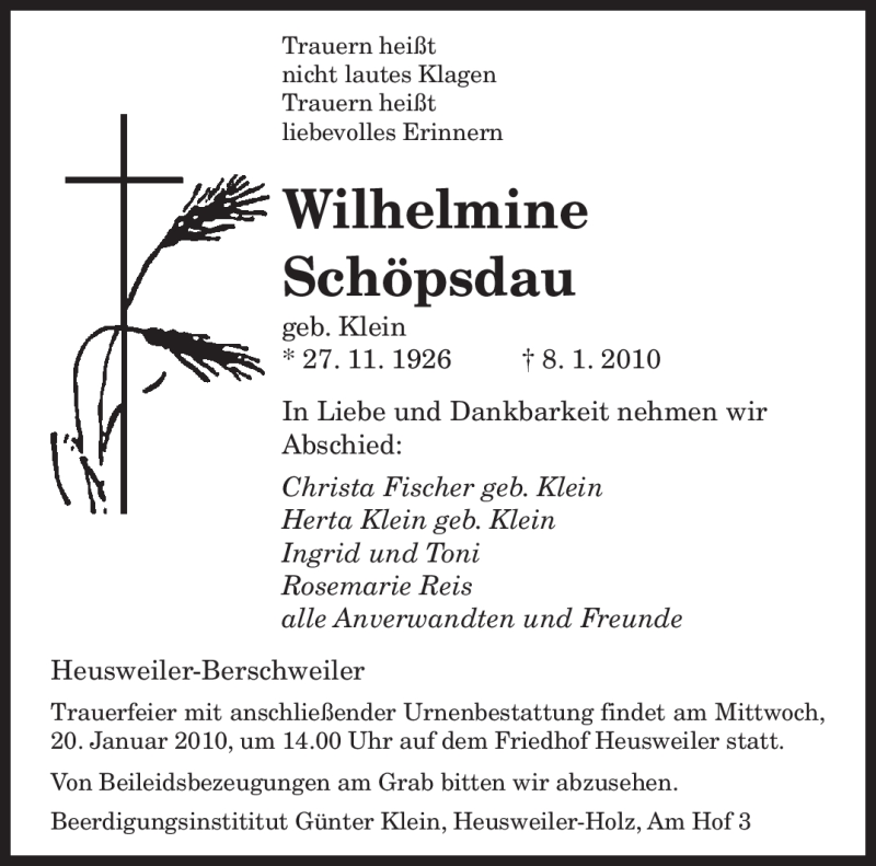  Traueranzeige für Wilhelmine Schöpsdau vom 16.01.2010 aus SAARBRÜCKER ZEITUNG
