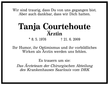 Traueranzeige von Tanja Courtehoute von SAARBRÜCKER ZEITUNG