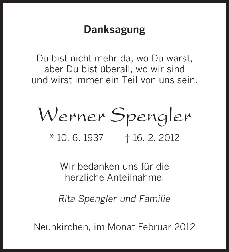  Traueranzeige für Werner Spengler vom 29.02.2012 aus SAARBRÜCKER ZEITUNG