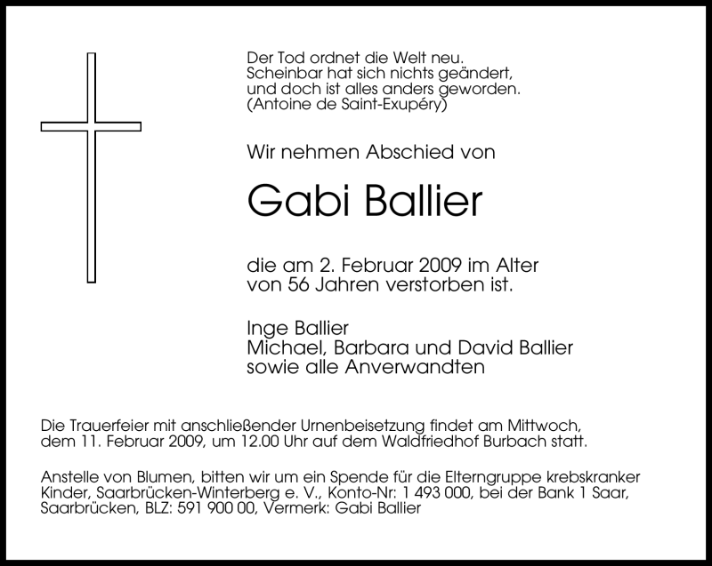  Traueranzeige für Gabi Ballier vom 07.02.2009 aus SAARBRÜCKER ZEITUNG