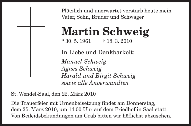  Traueranzeige für Martin Schweig vom 22.03.2010 aus SAARBRÜCKER ZEITUNG